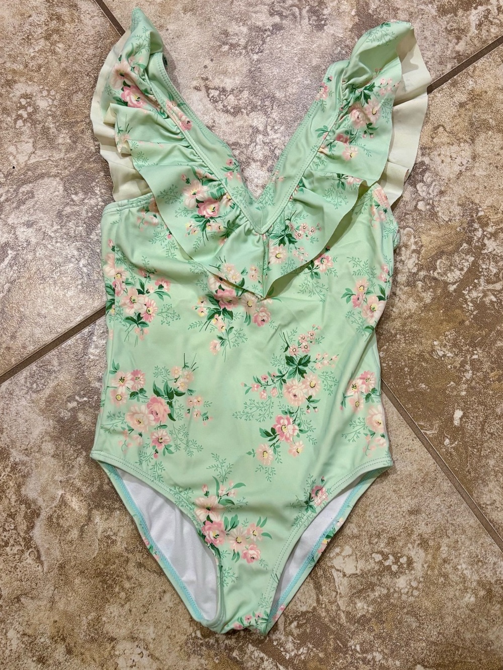 Janie And Jack Floral Ruffle V-Neck Mint Swimsuit 1 Piece Girls Swim